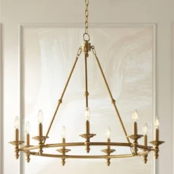 Stiffel Warm Antique Gold Wagon Wheel Chandelier 35" Wide Farmhouse Rustic 9-Light Fixture For Dining Room Living House Foyer Kitchen Island Entryway