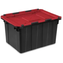 Sterilite 12 Gallon/45 Liter Hinged Lid Industrial Tote, Red Lid (12 Pack)