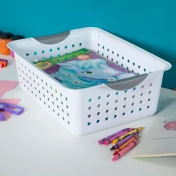 Sterilite Ultra Ventilated Open Top Plastic Storage Organizer Basket With Gray Contoured Carrying Handles -Chic Household Items GUEST 0f88361e c24f 4431 a524 e9acc3eb4209