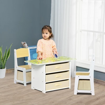 Qaba 3-in-1 Activity Table And Chair Set, Modern Kids Writing Desk Set, Bricks And Roads Style Table And Chair Set, 3pc Total, White 2 Qaba 3-in-1 Activity Table And Chair Set, Modern Kids Writing Desk Set, Bricks And Roads Style Table And Chair Set, 3pc Total, White - Image 2