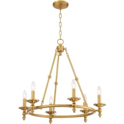 Stiffel Warm Antique Brass Wagon Wheel Chandelier 28" Wide Farmhouse Rustic 6-Light Fixture For Dining Room Living House Foyer Kitchen Island Entryway -Chic Household Items GUEST 286da41c ab08 40e1 9bf3 188924ce53b2