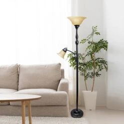 Torchiere Floor Lamp With Reading Light And Marble Glass Shades Restoration Bronze And Amber - Lalia Home -Chic Household Items GUEST 2b98e3a2 592a 4985 a458 0ea54528fa91
