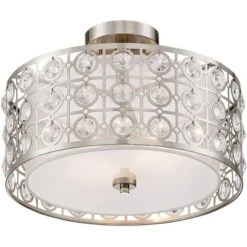 Possini Euro Design Saira Modern Ceiling Light Semi Flush Mount Fixture 16" Wide Brushed Nickel Crystal Organza Drum Shade For Bedroom Kitchen Hallway -Chic Household Items GUEST 2fca2bd0 5fb8 491e 8a14 73d05a4290d8
