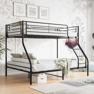 Twin-Over-Full Metal Bunk Bed With Ladder And Enhanced Upper-Level Guardrail, Black-ModernLuxe 1 Twin-Over-Full Metal Bunk Bed With Ladder And Enhanced Upper-Level Guardrail, Black-ModernLuxe