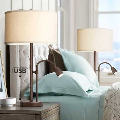 Possini Euro Design Traverse Modern Table Lamps 29" Tall Set Of 2 With USB Charging Port Gooseneck LED Bronze Oatmeal Shade For Bedroom Living Room 1 Possini Euro Design Traverse Modern Table Lamps 29" Tall Set Of 2 With USB Charging Port Gooseneck LED Bronze Oatmeal Shade For Bedroom Living Room