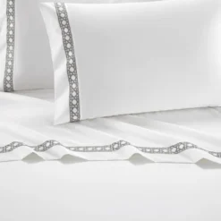 Aria 1500 Thread Count Cotton Sheet Set White With Gray Stripe Embroidery By Chic Home