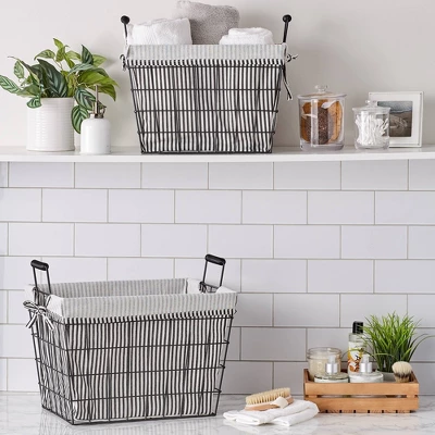 Design Imports Set Of 2 Farmhouse Black Wire Ticking Stripe Liner Baskets Black/White 3 Design Imports Set Of 2 Farmhouse Black Wire Ticking Stripe Liner Baskets Black/White - Image 3