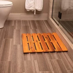 Thirteen Chefs 23" X 23" Indoor/Outdoor Villa Natural Acacia Wood Square Bath Shower Mat, Slated Wood Floor Platform With Rubber Base