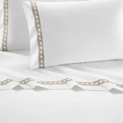Aria 1500 Thread Count Cotton Sheet Set White With Taupe Stripe Embroidery By Chic Home