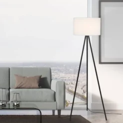 61.25" Metal Tripod Floor Lamp With Linen Shade Black/White - Cresswell Lighting -Chic Household Items GUEST af405096 14d2 4ebf bdcb bf98d88ae816