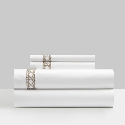 Aria 1500 Thread Count Cotton Sheet Set White With Taupe Stripe Embroidery By Chic Home 4 Aria 1500 Thread Count Cotton Sheet Set White With Taupe Stripe Embroidery By Chic Home - Image 4