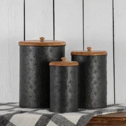 Set Of 3 Black Embossed Galvanized Metal Decorative Storage Canisters - Foreside Home & Garden 10 Set Of 3 Black Embossed Galvanized Metal Decorative Storage Canisters - Foreside Home & Garden -Chic Household Items GUEST c3c22df3 87ed 4e5d a912 95d4305eef92