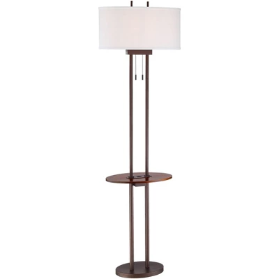 Franklin Iron Works Rustic Industrial Farmhouse Floor Lamps With Tray Table USB Port 62" Tall Set Of 2 Bronze Walnut Linen Shade For Living Room 6 Franklin Iron Works Rustic Industrial Farmhouse Floor Lamps With Tray Table USB Port 62" Tall Set Of 2 Bronze Walnut Linen Shade For Living Room - Image 6