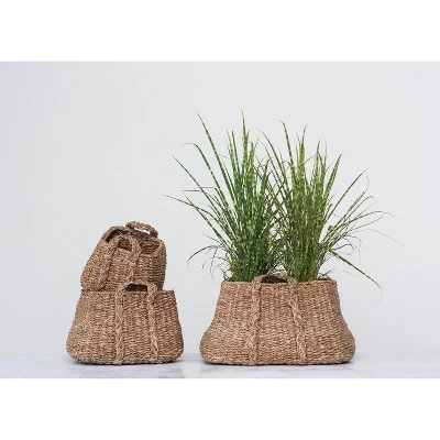Set Of 3 Decorative Seagrass Baskets With Handles Brown/Natural - Storied Home 2 Set Of 3 Decorative Seagrass Baskets With Handles Brown/Natural - Storied Home - Image 2