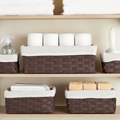 Juvale 5-Pcs Brown Small Rectangular Woven Nesting Baskets, Lined Wicker Set For Organizing Closet, Kitchen, Pantry Shelves, Bathroom (3 Sizes) 1 Juvale 5-Pcs Brown Small Rectangular Woven Nesting Baskets, Lined Wicker Set For Organizing Closet, Kitchen, Pantry Shelves, Bathroom (3 Sizes)