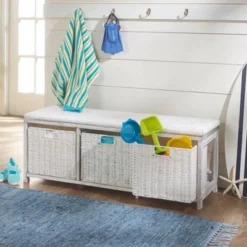 Badger Basket Kid's Storage Bench With Woven Top And Baskets White