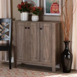 Derek Finished Wood 3 Door Shoe Cabinet Oak - Baxton Studio -Chic Household Items GUEST fa2d856a 9fcc 4768 8872 8e204b59bcf5